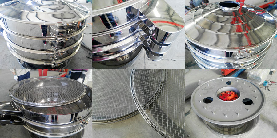 藕粉振動篩細節(jié)：鎖緊扣，出料口，防塵蓋，篩網(wǎng)，振動底座。