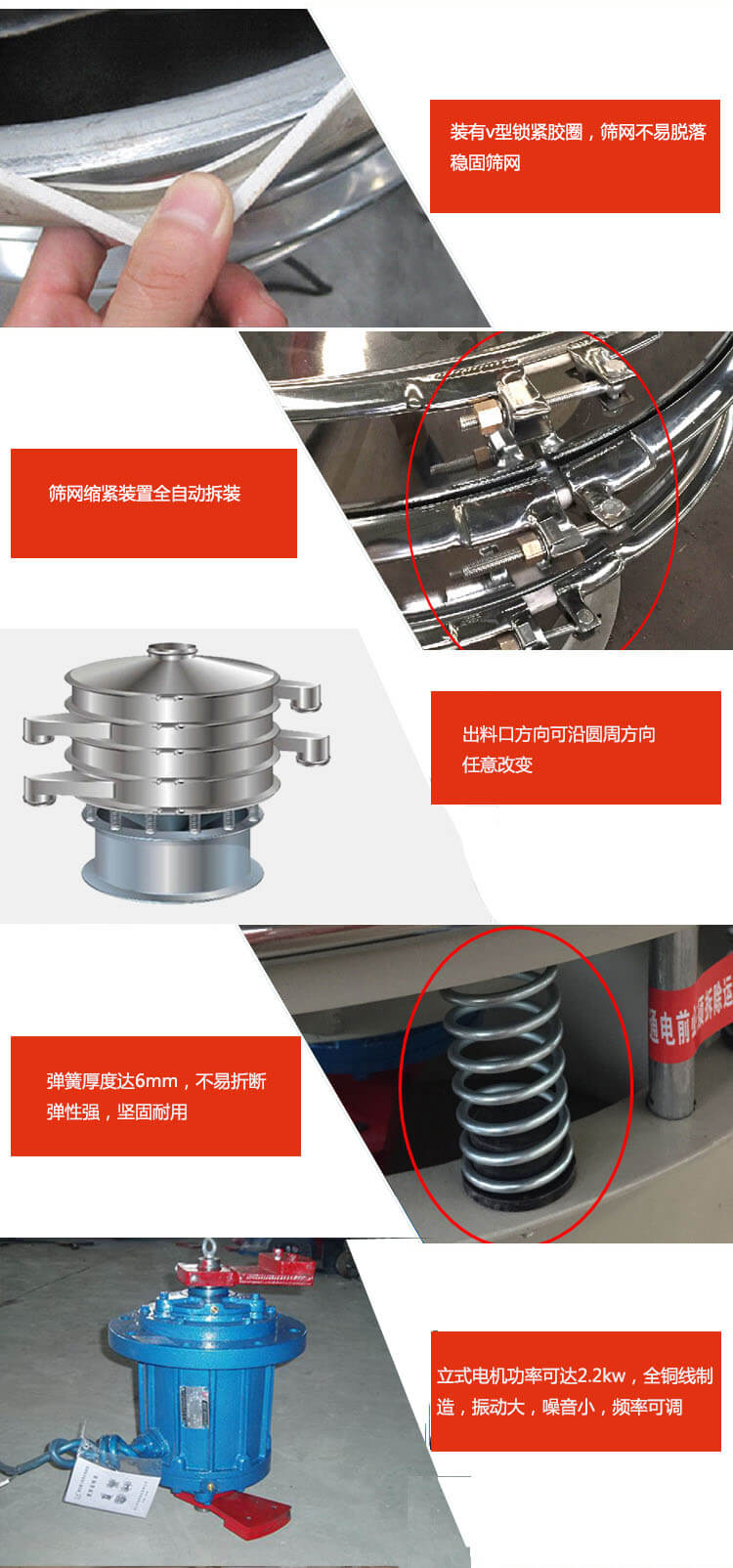 裝有V型鎖緊膠圈，使篩網(wǎng)不易脫落穩(wěn)固篩網(wǎng)，篩網(wǎng)鎖緊裝置，全自動拆裝，出料口方向可沿圓周方向任意改變。彈簧厚度達(dá)6mm，不易折斷，彈性強(qiáng)，堅固耐用。專業(yè)的振動電機(jī)，全銅線制造，振動大，機(jī)械噪音小，頻率可調(diào)。產(chǎn)品對比:材質(zhì)：大漢振動篩廠家采用304不銹鋼材質(zhì)耐腐蝕性，耐熱性強(qiáng)。個別廠家采用其它金屬材質(zhì)，耐腐蝕性，耐熱性差蒸發(fā)緩慢，烘干效率較低。大漢振動篩廠家采用金屬編織網(wǎng)，篩分精度高，效率高，篩網(wǎng)利用率高。