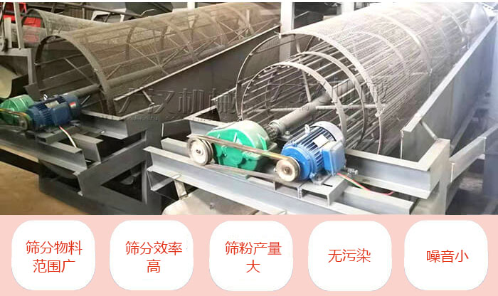 滾筒篩分機主要特點:篩分物料范圍廣,篩分效率高,篩分產量大,無污染,噪音小。