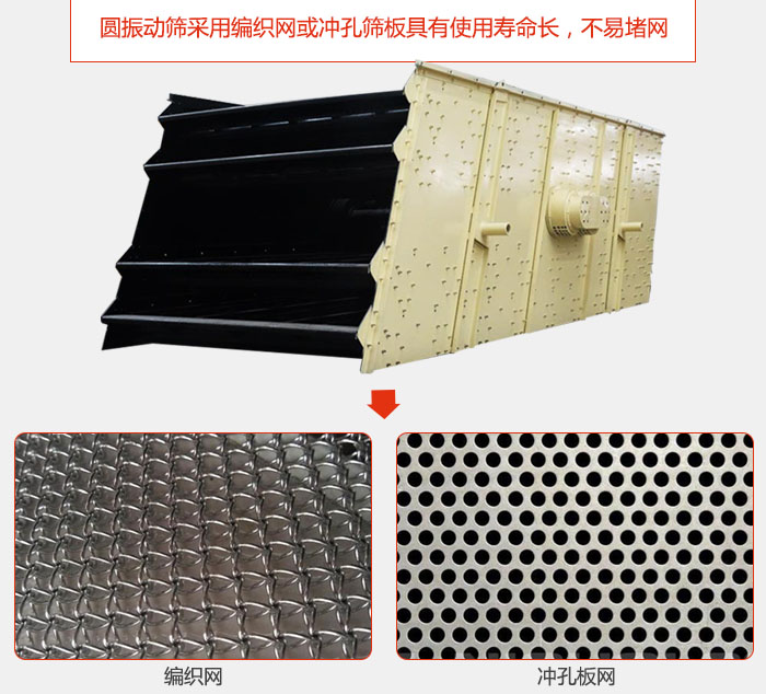 圓振動(dòng)篩采用編織網(wǎng)或沖孔篩板具有使用壽命長(zhǎng)，不易堵網(wǎng)。