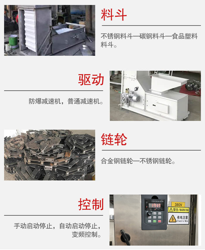 z型斗式提升機料斗：不銹鋼料斗-碳鋼料斗-食品塑料料斗。驅動裝置采用的式防爆減速機，普通減速機兩種。鏈輪采用合金鏈輪-不銹鋼鏈輪控制器：手動啟動/停止，以及自動啟動停止。