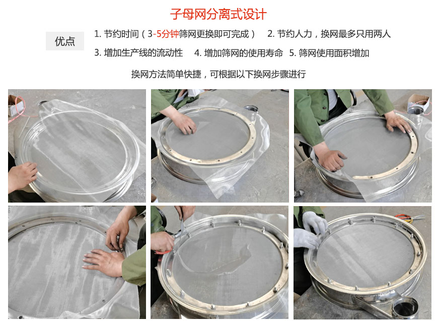 大漢振動機(jī)械換網(wǎng)優(yōu)勢：1，節(jié)省時間（3-5分鐘篩網(wǎng)更換即可完成）2，節(jié)省人力，換網(wǎng)只有兩人。3.增加生產(chǎn)線的流暢性。4.增加篩網(wǎng)壽命，彈跳球不直接撞擊子網(wǎng)。5.篩網(wǎng)使用面積增加。