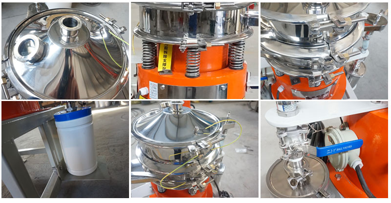 氣體保護(hù)超聲波振動(dòng)篩細(xì)節(jié)：控制閥，料罐，篩網(wǎng)。