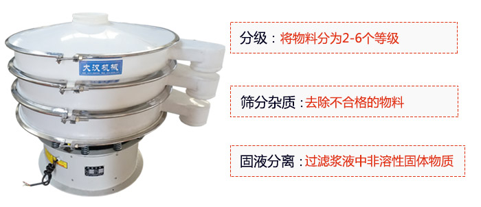 600型聚丙烯振動篩優(yōu)勢：分級：將物料京分為2-6個等級。篩分雜質：去除不合格的物料。固液分離：過濾漿液中非溶性固體物質。