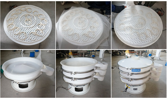 安裝塑料網架的空心U形網架，安裝清網裝置（擋球環和彈跳球），細網安裝到網架和清網裝置上面；安裝底框，將裝好的網架放到地框上再放一層篩框，安裝束環與防塵蓋，雙層塑料振動篩安裝完畢