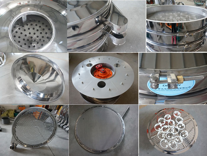 里外剖光振動篩細(xì)節(jié)：防塵蓋拋光效果，篩框拋光效果，振動篩底座拋光效果，振動篩網(wǎng)架拋光效果等。