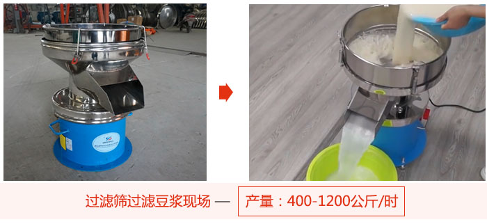 過濾篩過濾豆漿現場，產量高達1200公斤每小時。