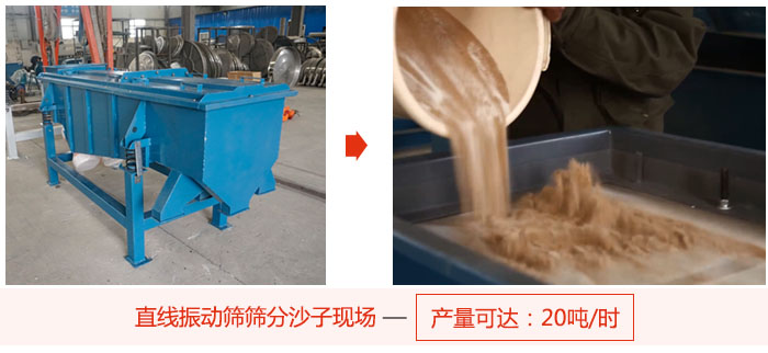 直線振動篩篩分沙子現場展示，產量高達20噸每小時。