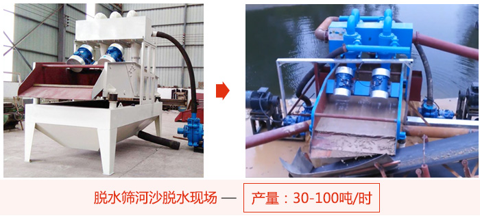 脫水篩河沙脫水現場，產量可達100噸每小時。