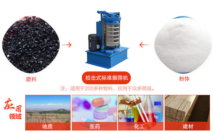 拍擊篩適用于多種物料顆粒狀，粉狀，不規則物料的篩分。